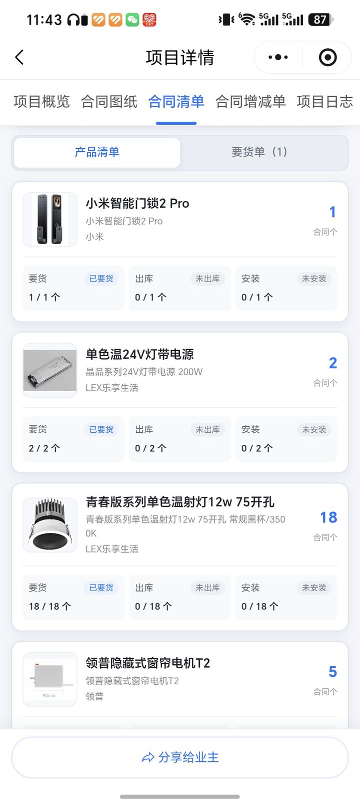 福州玥米智能项目管理系统截图：合同产品清单，要货、出库、安装状态实时可见